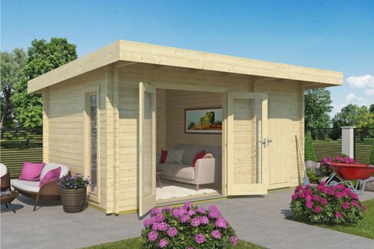 Large pent style modern summerhouse with French doors and window to one side with side storage