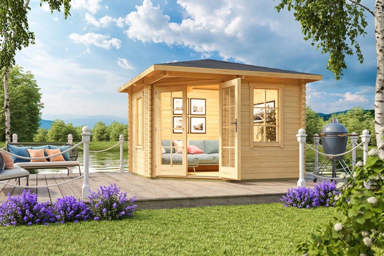 Corner log cabin with extended roof, angled entrance doors, and side storage