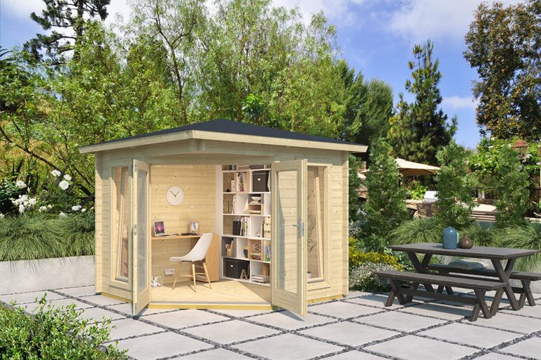 Oban log cabin summerhouse with double glazing in a small garden setting