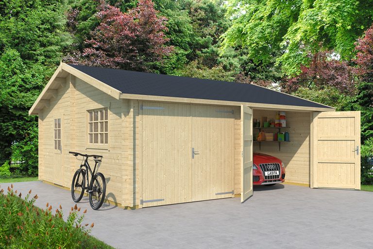 Falkland double bay log garage with side door and window