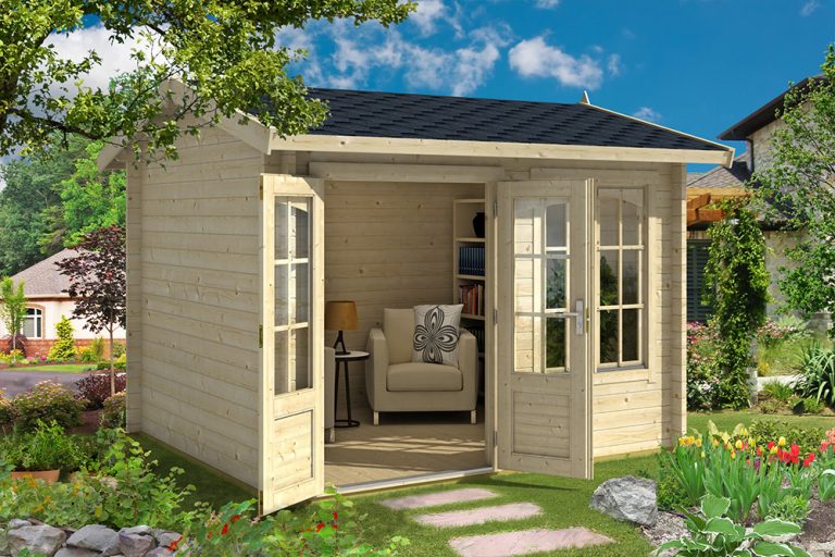 Small Traditional summerhouse with French doors, windows to one side