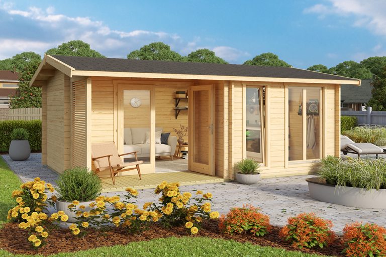Brighton log cabin with large windows, double doors, and 44mm thick walls