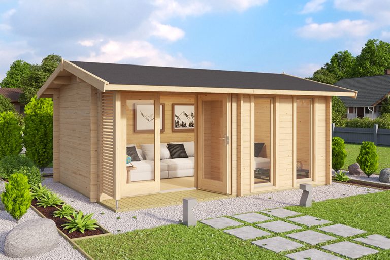 Hampshire 3m x 4.2m log cabin with glazed doors, porch area, and privacy screen in a garden setting.
