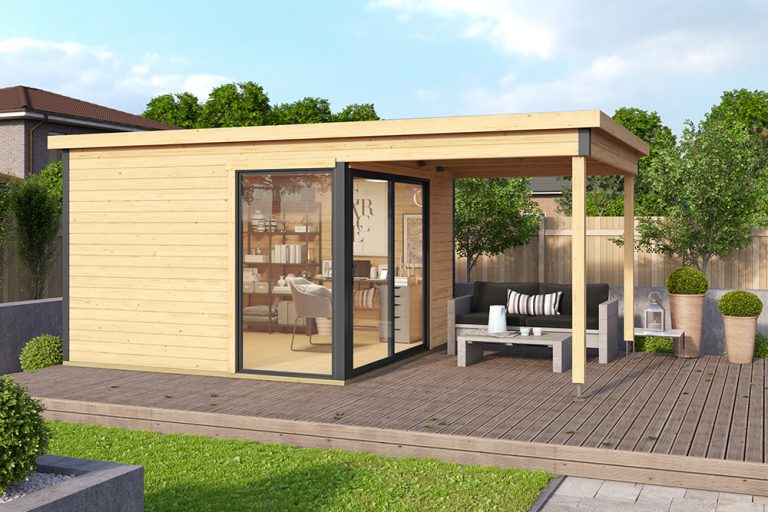 Domeo 2 compact garden building with roof overhang for barbecues and entertaining