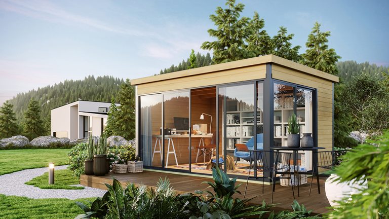 a wooden building with a glass wall and a table and chairs