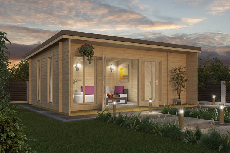 Flexible garden cabin with double doors and repositionable internal doors