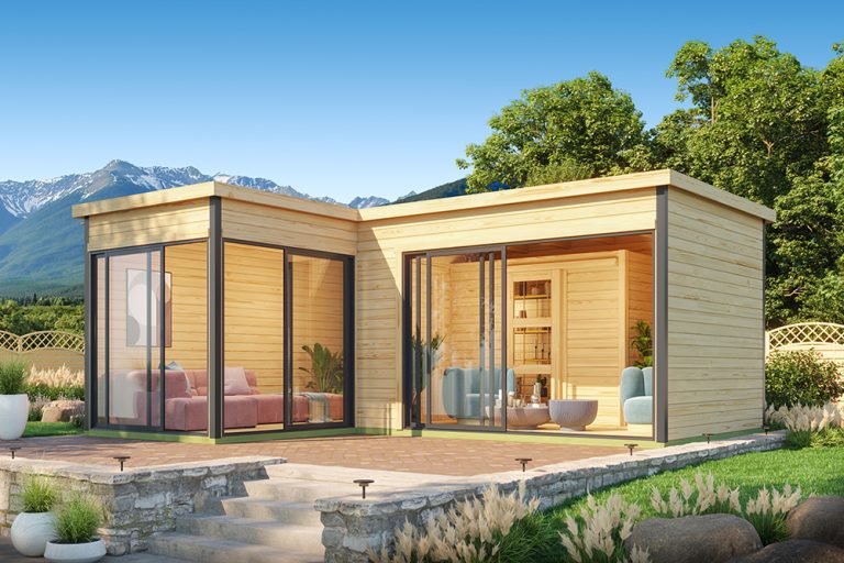 Domeo 11 L-shaped garden building with sliding aluminium doors