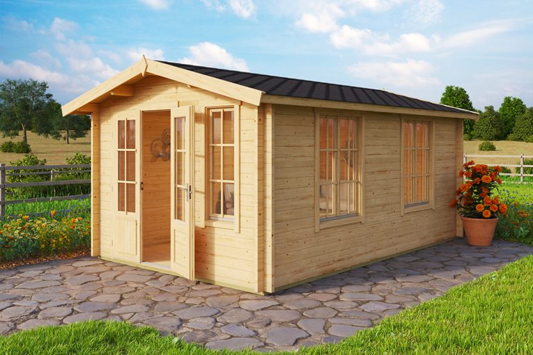 Traditional summerhouse with apex entrance, French doors, windows to one side