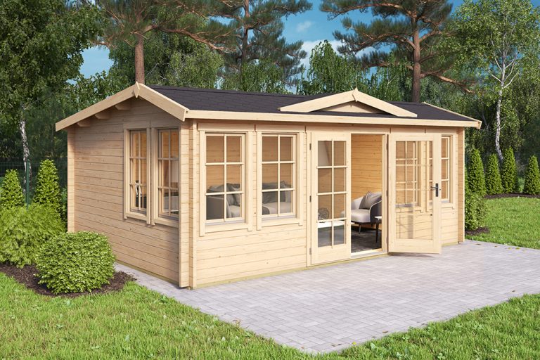 attractive wooden summerhouse with French doors 2 Georgian windows each side and 2 Georgian windows on one side