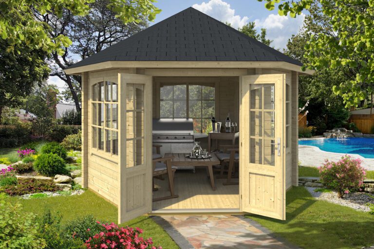 Hexagonal summerhouse with windows on every side and double doors