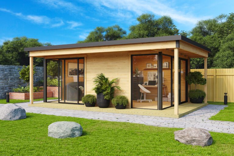 Domeo 3 Loggia garden building with extended roof and indoor seating area