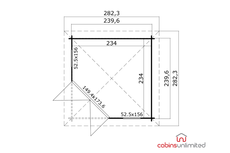 Technical drawing of a log cabin floorplan with dimensions and logo, on a white background, cabin design