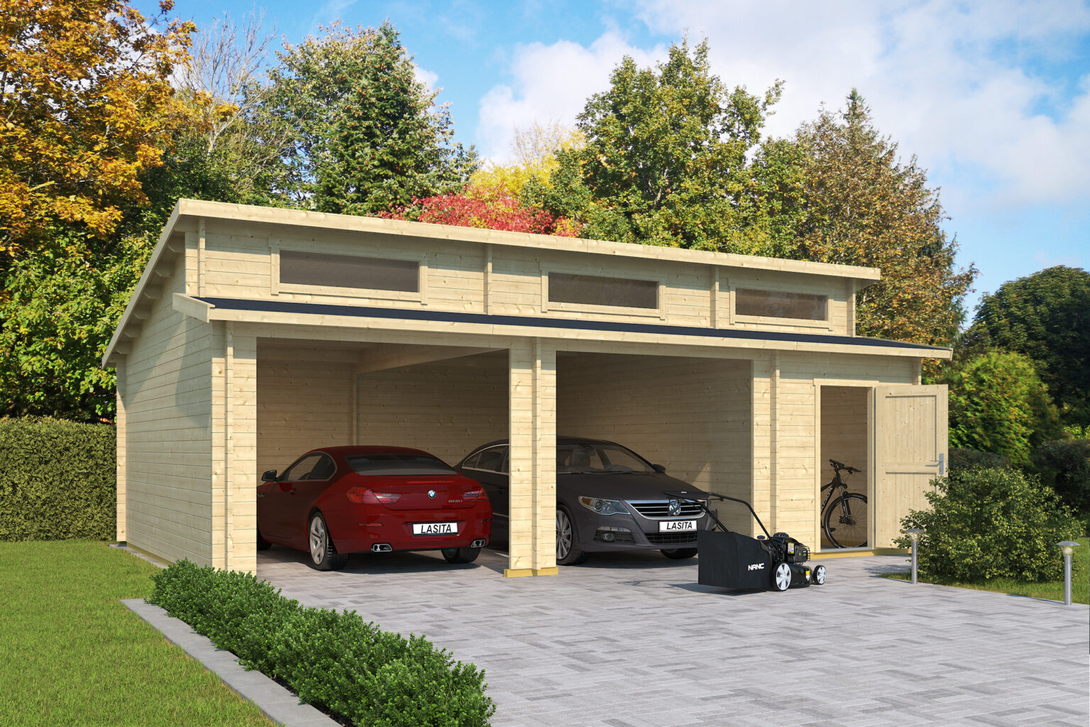 Wooden Garage. The double bay Hawaii Garage with Side Shed from Cabins Unlimited