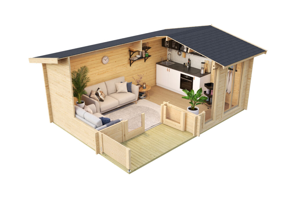 A small log cabin with a black roof, light wood interior, beige sofa, kitchenette, and potted plants on a white background