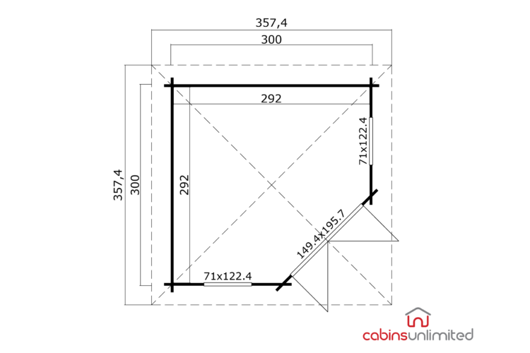Technical drawing of a log cabin floor plan with dimensions and layout, shown in black lines on white background with text.