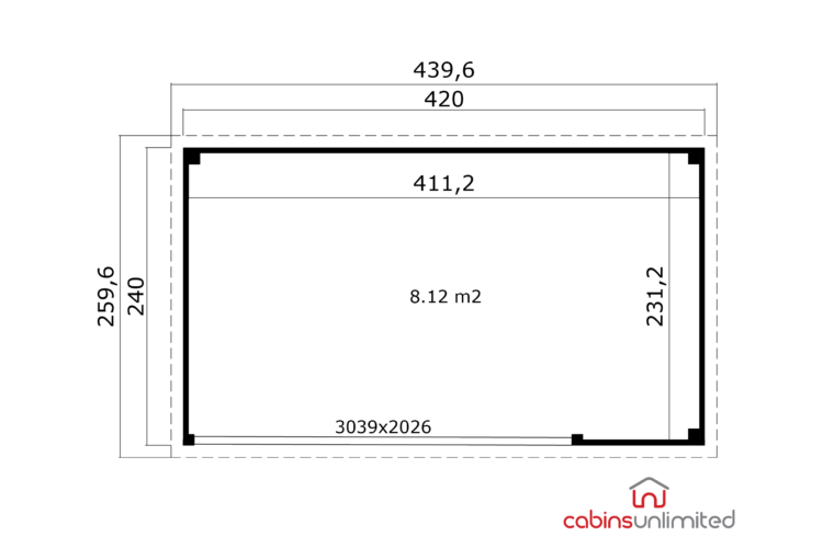 Floor plan of a log cabin with dimensions and area, black lines on white, technical drawing style, no people, informative mood
