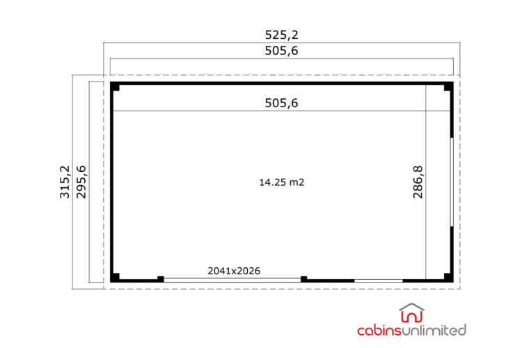 Floor plan of a cabin or shed with dimensions and area shown in black on white, Austin 7 model
