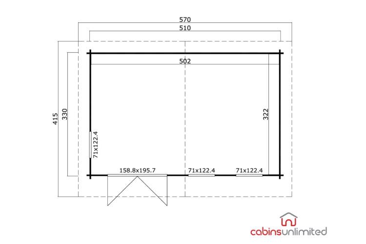 A technical drawing of a log cabin floor plan with black lines on white background