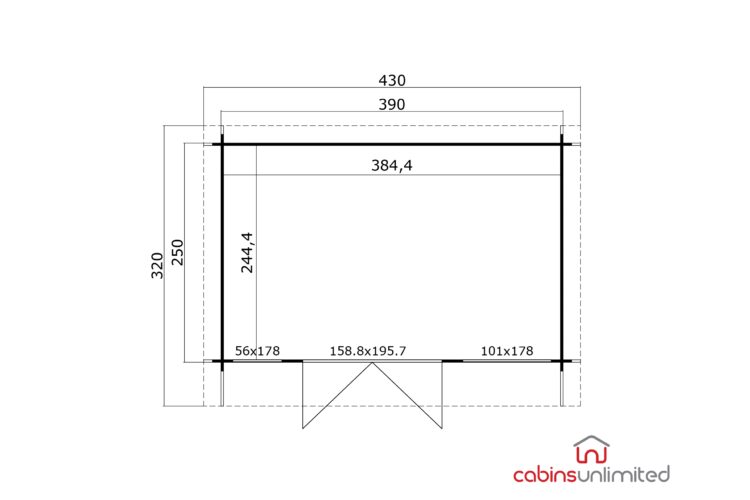 A technical drawing of a log cabin or shed with dimensions on a white background