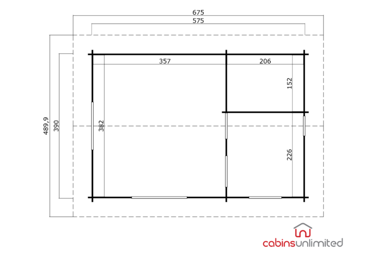 Floor plan of a log cabin or shed, with black lines on white, showing dimensions, layout, and rooms, for Caroline 2 0.