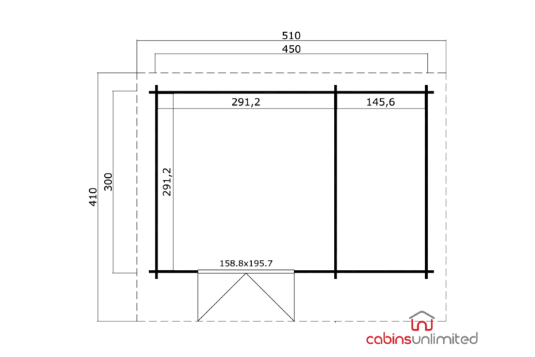 A technical drawing of a log cabin floor plan with black lines on white background