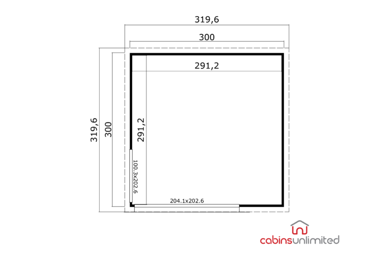 Floor plan of a log cabin, black lines on white, dimensions labelled, Domeo design, no furniture shown
