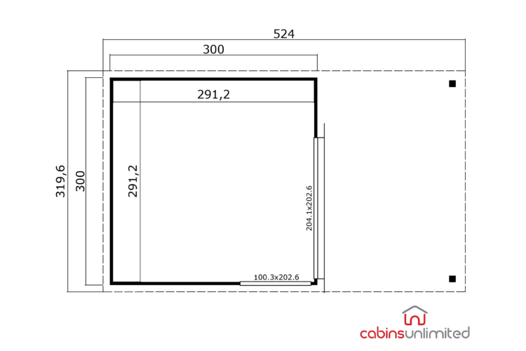 Floor plan of a log cabin or shed, black lines on white, dimensions labelled, Domeo 2 layout shown