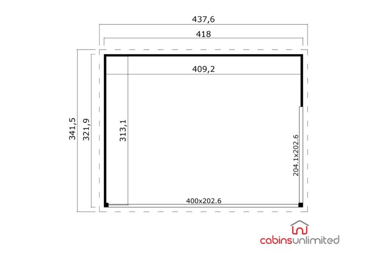Floor plan of a log cabin or shed, black lines on white, dimensions labelled, calm informative mood