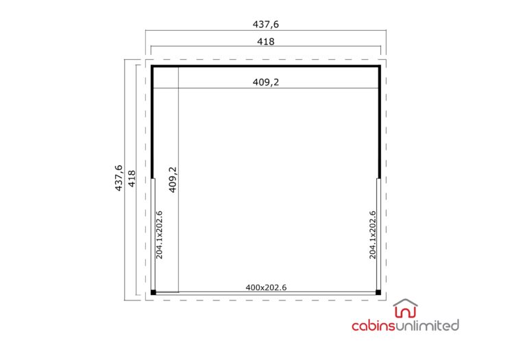 A technical drawing of a cabin floorplan with dimensions and a logo for cabins unlimited in a simple setting with black lines on white