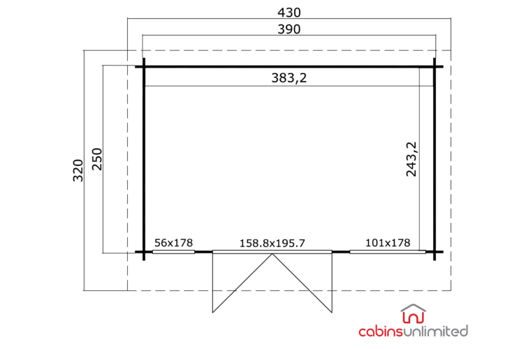 Floor plan for a log cabin or shed, black lines on white, dimensions labelled, technical drawing style, no people, product showcase