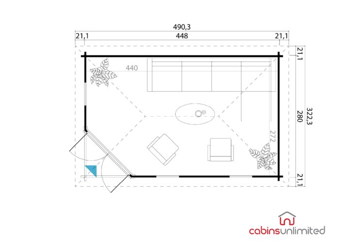 Floor plan of a log cabin with furniture and plants, shown in black and white with a blue triangle, on a white background.
