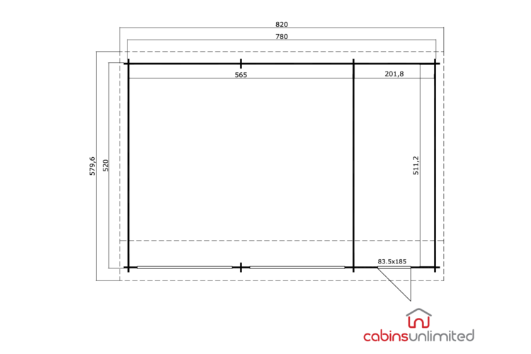 A technical drawing of a log cabin or shed with dimensions and a logo for cabins unlimited on a white background