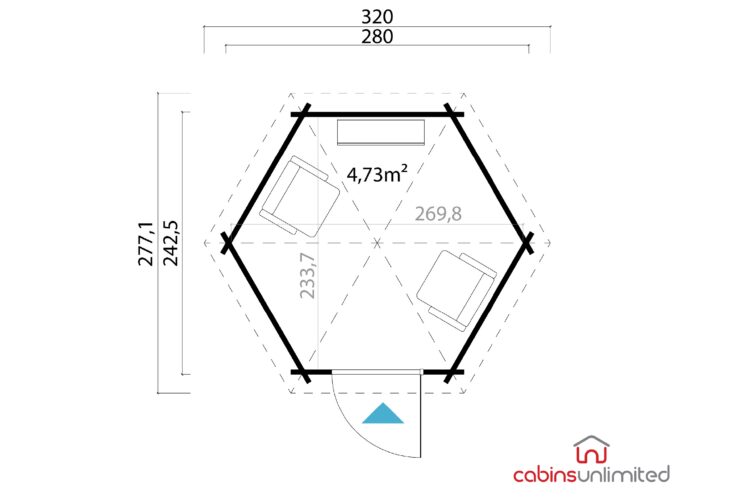 A log cabin floor plan with black lines, grey and blue accents on white, showing furniture and dimensions inside