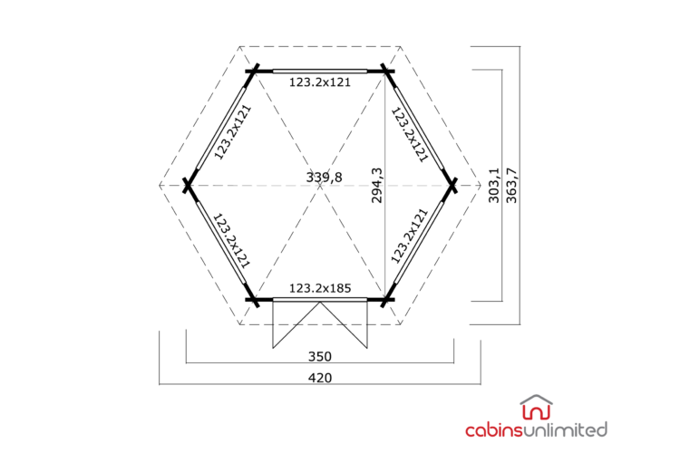 A technical drawing of a hexagonal log cabin or sauna design with dimensions and measurements in black on a white background