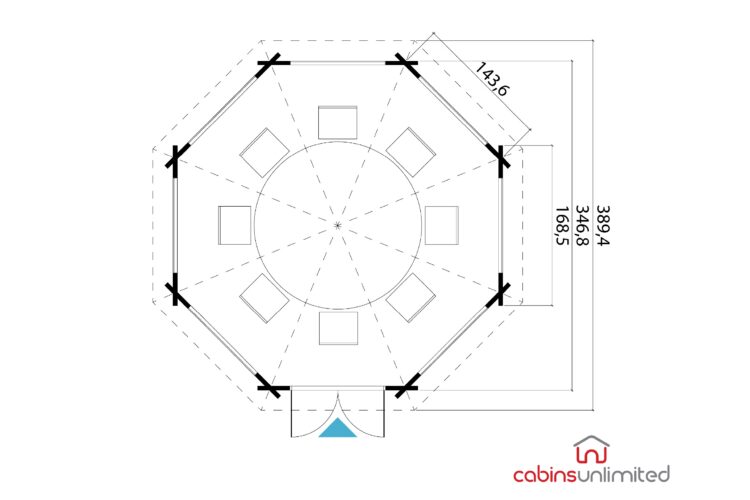 Octagonal log cabin floor plan with dimensions and furnishings shown in black on white background