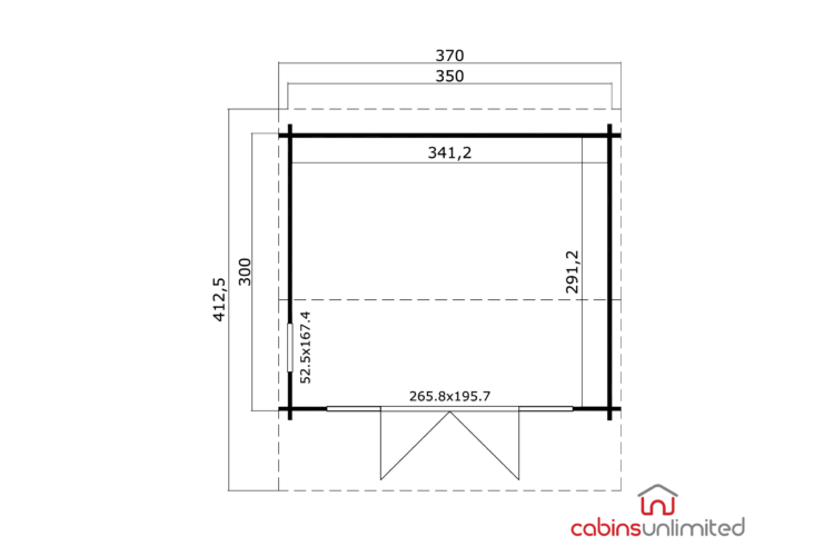 A technical drawing of a log cabin floor plan with black lines on white background