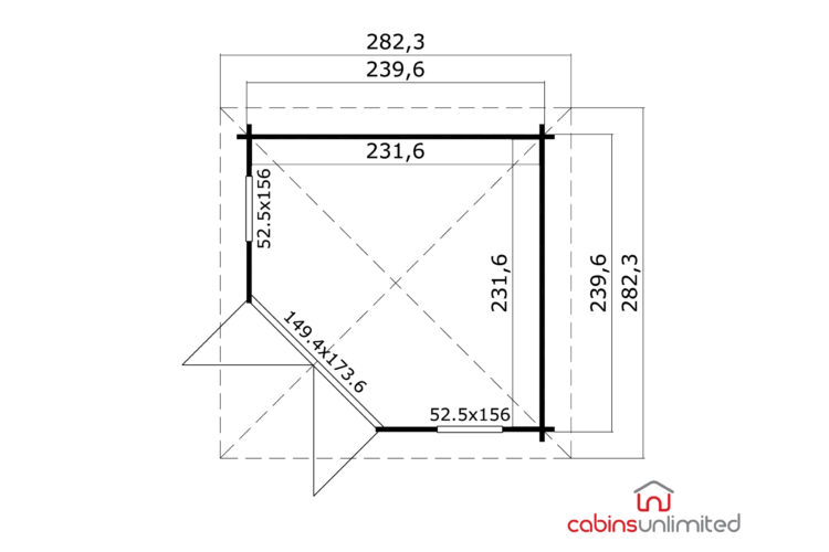 A technical drawing of a log cabin floor plan with black lines on white background