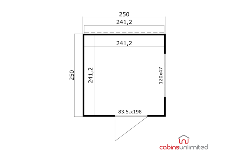 Sardinia log cabin floorplan with black lines on white, dimensions labeled, for cabins unlimited