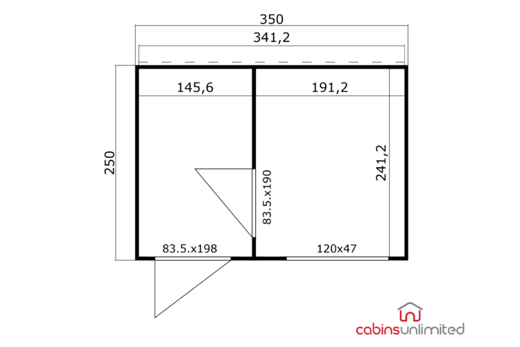 A black and white floor plan for a Sardinia 2 log cabin shed with dimensions and a logo for cabins unlimited