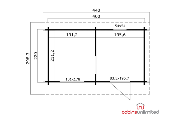 A technical drawing of a log cabin floor plan with black lines on white background