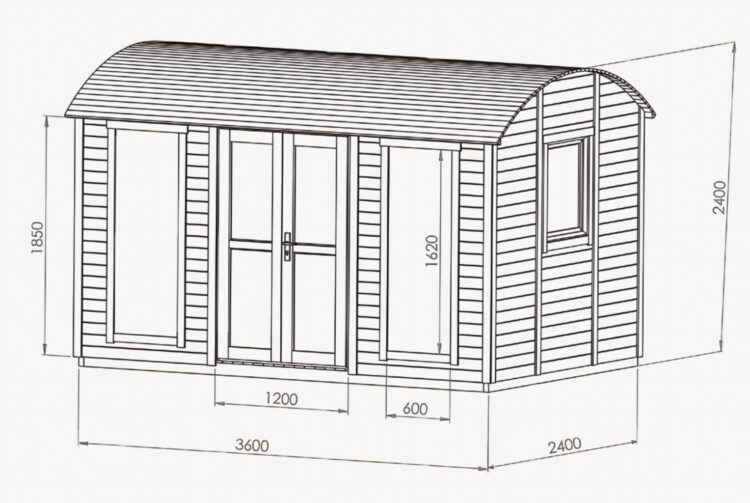 A black and white line drawing of a shed with a curved roof and double doors, on a white background, resembling a log cabin or shepherds hut design