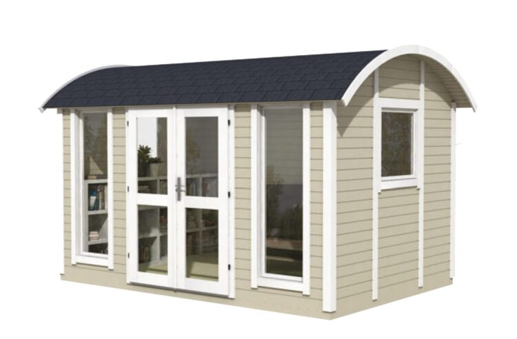 A beige shed with white trim and black roof, featuring large windows and glass doors, on a plain white background.
